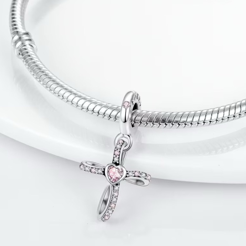 Sterling Silver 925 Pandora Cross Charm Pendant with Pink Heart & Gem Accents. - Picture 6 of 9